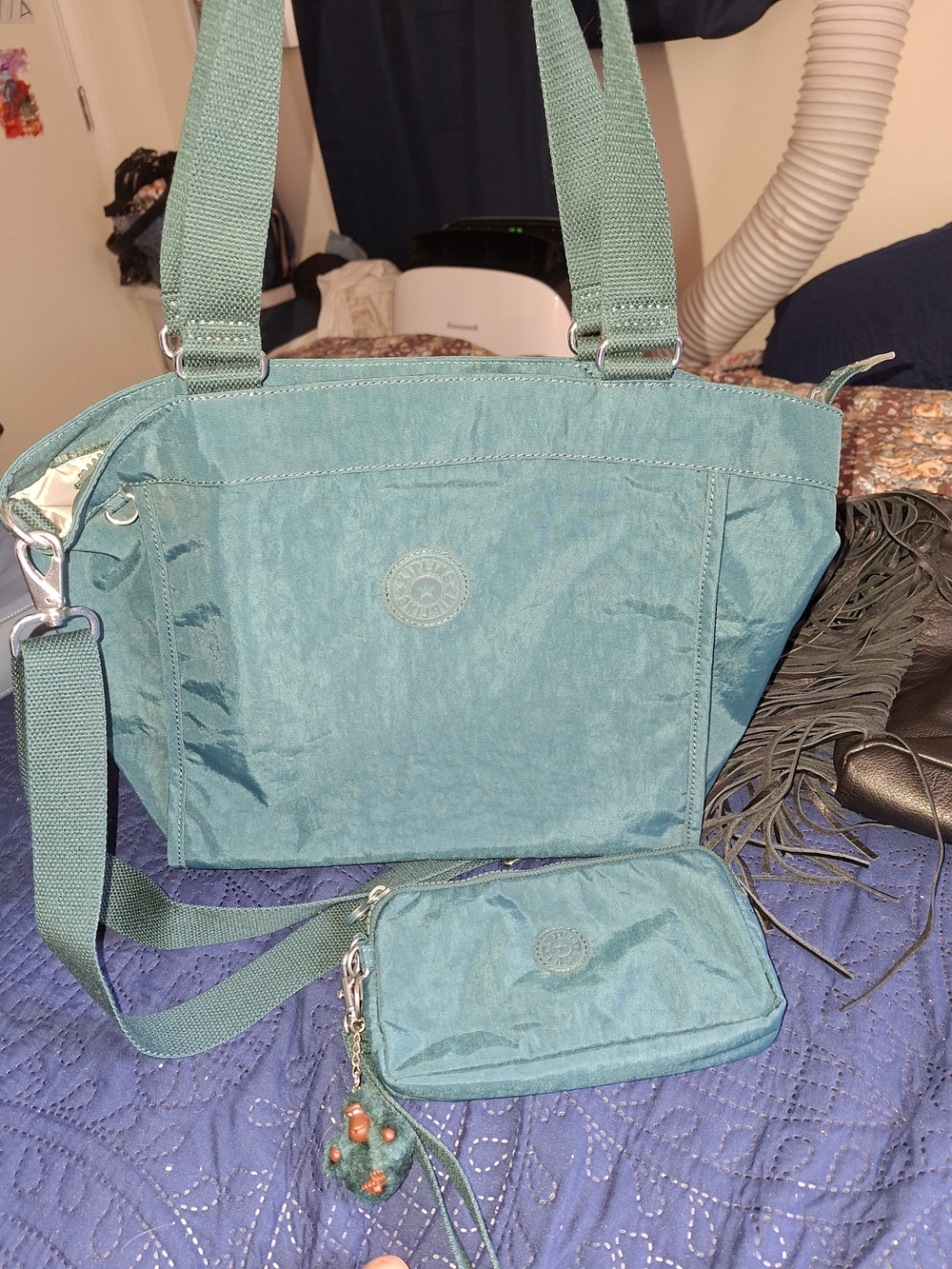 Kipling Teal Nylon Tote with Matching Crossbody Pouch